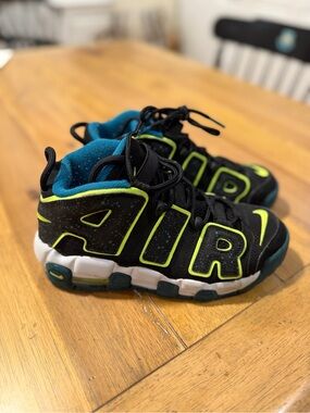 Nike Air More Uptempo Kids Black Shoes with Neon Green & Teal Accents